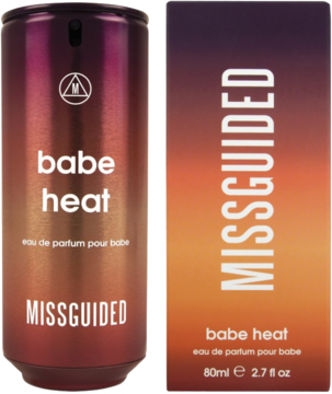 Missguided Babe Heat: flakon perfum z gradientem purpury i oranżu oraz pasujące pudełko, widok z przodu.