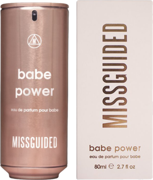 Missguided Babe Power woda perfumowana 80ml: różowozłota butelka i pudełko stojące obok siebie.