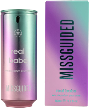Missguided Real Babe EDP w irydującej puszce i pasującym pudełku, widok z przodu, kolory gradientowe.