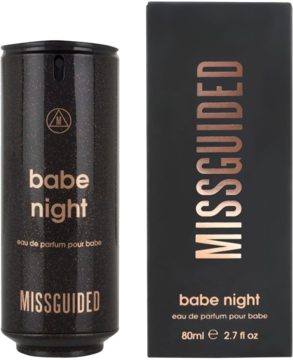 Missguided Babe Night woda perfumowana, czarny flakon i pudełko z rose gold napisami, widok z przodu.