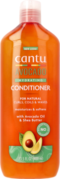 Cantu Avocado Hydrating Conditioner, orange bottle, front view. For natural curls, with avocado oil.