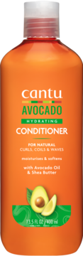Pomarańczowa butelka Cantu Avocado Hydrating Conditioner 400ml, z białym zamknięciem i awokado na etykiecie.