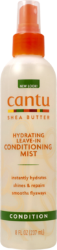 Cantu Hydrating Leave-In Conditioning Mist z masłem shea, biała butelka z pomarańczowym atomizerem, widok z przodu.