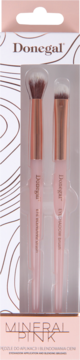 Donegal Mineral Pink: zestaw 2 pędzli do cieni z różowymi rączkami i biało-brązowym włosiem, w kartoniku.