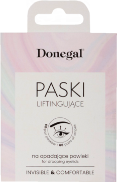 Donegal Paski Liftingujące 60 par, biało-różowe opakowanie na opadające powieki, widok z przodu.