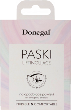 Donegal Paski Liftingujące 60 par, biało-różowe opakowanie na opadające powieki, widok z przodu.