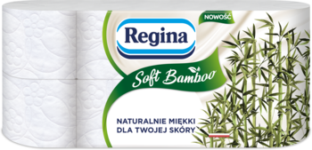 Regina Soft Bamboo papier toaletowy, 8 białych rolek. Widok z przodu opakowania z zielonym bambusem.