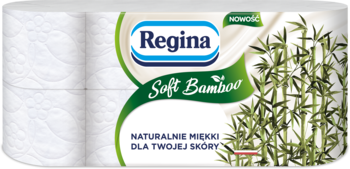 Regina Soft Bamboo papier toaletowy, 8 białych rolek. Widok z przodu opakowania z zielonym bambusem.