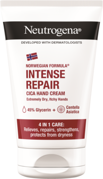 Neutrogena Norwegian Formula Intense Repair Cica Hand Cream, biała tubka z czerwonym paskiem, widok z przodu.