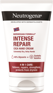 Neutrogena Norwegian Formula Intense Repair Cica Hand Cream, biała tubka z czerwonym paskiem, widok z przodu.