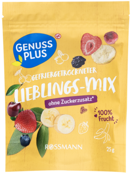 Genuss Plus Lieblings-Mix: żółta paczka liofilizowanych owoców (truskawki, banany, wiśnie, borówki), widok z przodu.