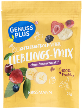 Genuss Plus Lieblings-Mix: żółta paczka liofilizowanych owoców (truskawki, banany, wiśnie, borówki), widok z przodu.