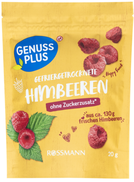 Żółta torebka liofilizowanych malin Genuss Plus bez dodatku cukru, z logo Rossmann, widok z przodu, 20g.