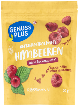 Żółta torebka liofilizowanych malin Genuss Plus bez dodatku cukru, z logo Rossmann, widok z przodu, 20g.