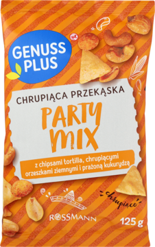 Opakowanie Genuss Plus Party Mix 125g, pomarańczowo-białe pasy, z chipsami tortilla i orzeszkami.