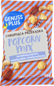 Pomarańczowo-niebieska torebka Genuss Plus Popcorn Mix z karmelowym popcornem, pekanami i nerkowcami, widok z przodu.