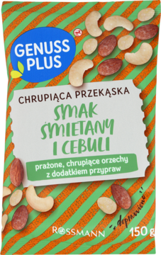 Genuss Plus Chrupiąca przekąska orzechowa, smak śmietany i cebuli, 150g. Zielono-pomarańczowe opakowanie, widok z przodu.