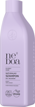 Fioletowy szampon Neboa Glossy Hair, naturalny, wegański, z efektem „tafli wody”, widok z przodu.