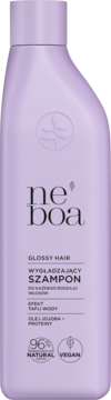 Neboa Glossy Hair wygładzający szampon w liliowej butelce, efekt tafli wody, 96% natural, widok z przodu.