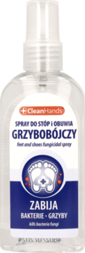 Przezroczysty spray grzybobójczy CleanHands do stóp i obuwia, z niebieską etykietą, widok z przodu.