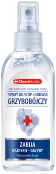 Clean Hands spray grzybobójczy do stóp i obuwia w przezroczystej butelce z niebieskim i czerwonym logo, widok z przodu.