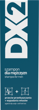 Ciemnoniebieska butelka DX2 szampon dla mężczyzn, widok z przodu. Działa przeciw przetłuszczaniu i wypadaniu włosów.