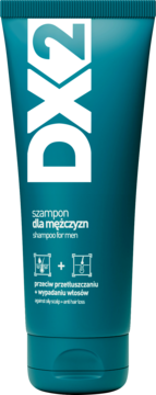 DX2 szampon dla mężczyzn, ciemnoturkusowa tubka, widok z przodu, przeciw przetłuszczaniu i wypadaniu włosów.