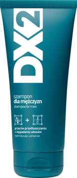 Szampon dla mężczyzn DX2 w granatowej tubce, przeciw przetłuszczaniu i wypadaniu włosów, widok z przodu.