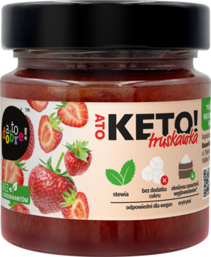 Keto konfitura truskawkowa ATO! w szklanym słoiku z czarną nakrętką, etykieta z truskawkami, widok z przodu.