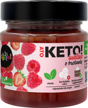 Słoik keto konfitury malinowo-truskawkowej atoketo! z różową etykietą, napisem KETO!, owocami, widok z przodu.