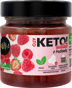 Słoik keto konfitury malinowo-truskawkowej atoketo! z różową etykietą, napisem KETO!, owocami, widok z przodu.