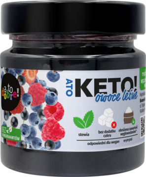 Keto konfitura owoce leśne atodobre! w szklanym słoiku, bez cukru, widok z przodu, etykieta z jagodami.