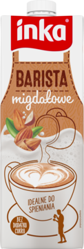 Białe opakowanie Inka Barista migdałowe, napój roślinny bez cukru do spieniania kawy, z orzechami.