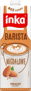 Karton Inka Barista Migdałowe Bez Cukru, roślinny napój do kawy, z grafiką kawy latte i migdałów, widok z przodu.
