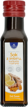 Sok Oleofarm imbir, kurkuma i cytryna z witaminą C w ciemnej butelce, czerwona nakrętka, front z owocami.