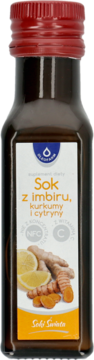 Sok Oleofarm imbir, kurkuma i cytryna z witaminą C w ciemnej butelce, czerwona nakrętka, front z owocami.
