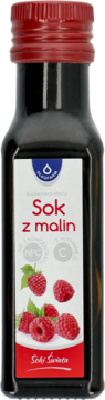 Sok z malin Oleofarm w ciemnej butelce z czerwoną nakrętką, z etykietą z malinami i info NFC+C, widok z przodu.