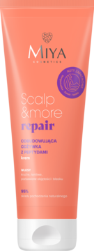 Miya Scalp&more repair odbudowująca kremowa odżywka z peptydami, brzoskwiniowa tubka z białym wieczkiem, widok z przodu.