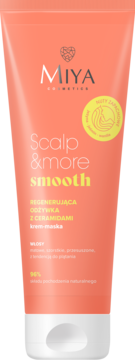 Miya Cosmetics Scalp & more smooth, brzoskwiniowa tubka kremu-maski z ceramidami, widok z przodu.