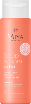 Miya Cosmetics Scalp & more calm nawilżający szampon z prebiotykami, brzoskwiniowa butelka z białą nakrętką, widok z przodu.