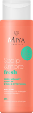 Miya Scalp & more fresh szampon normalizujący z trawą cytrynową, łososiowa butelka z białym zamknięciem, widok z przodu.