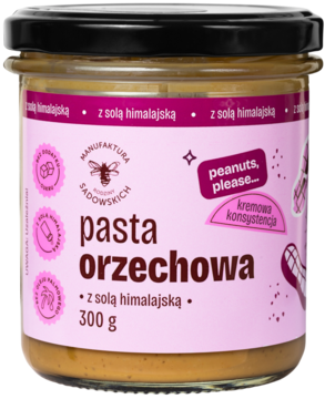 Słoik kremowej pasty orzechowej Manufaktura Sadowskich 300g, z różową etykietą i solą himalajską, widok z przodu.
