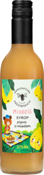 Butelka syropu Miodziś pigwa z miodem 375ml, z kolorową etykietą przedstawiającą misia i gruszki, widok z przodu.