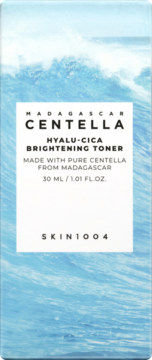 Madagascar Centella Hyalu-Cica Brightening Toner 30ml, front view of blue box with waves, white label.