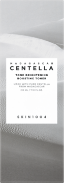 Madagascar Centella Tone Brightening Boosting Toner by SKIN1004, 210ml, on a tall white box with dune art.