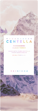 SKIN1004 Madagascar Centella Poremizing Clear Toner, biała etykieta z tęczowym napisem na tle gór.