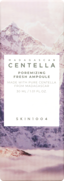 Front opakowania Skin1004 Madagascar Centella Poremizing Fresh Ampoule 30ml, z białym panelem i górskim tłem.