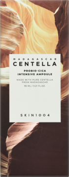 Opakowanie SKIN1004 Probio-CICA Intensive Ampoule 95ml, z tłem w brązowo-żółte pasy, widok z przodu.