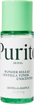 Purito Seoul Wonder Releaf Centella Toner, bezzapachowy tonik w butelce z zieloną zakrętką, widok z przodu.