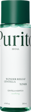 Purito Wonder Releaf Centella Toner 200ml w przezroczystej butelce z zieloną nakrętką i białą etykietą, widok z przodu.